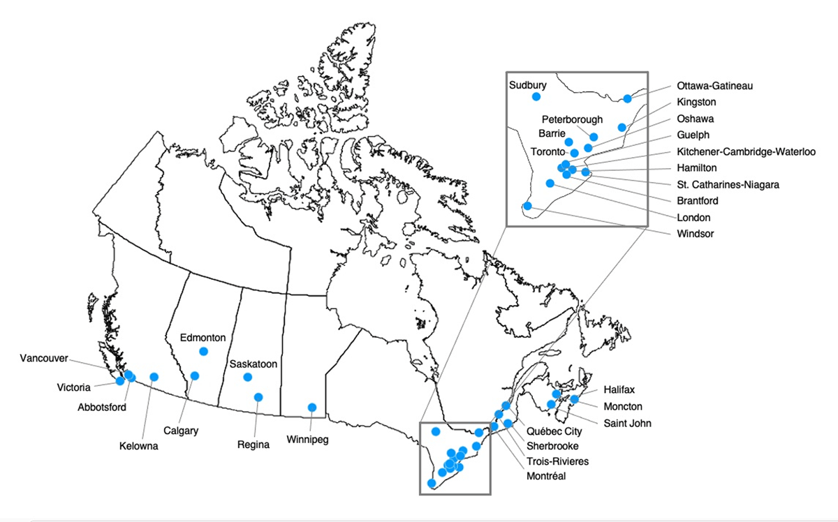 Map of census metropolitan areas included in Statistics Canada public use microdata files (PUMF)